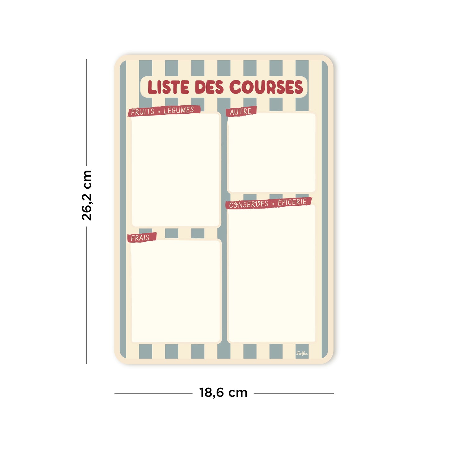 Ardoise liste de courses magnétique Rayure bleu et beige, bloc-notes aimanté réutilisable, format 26,2 x 18,6 cm.