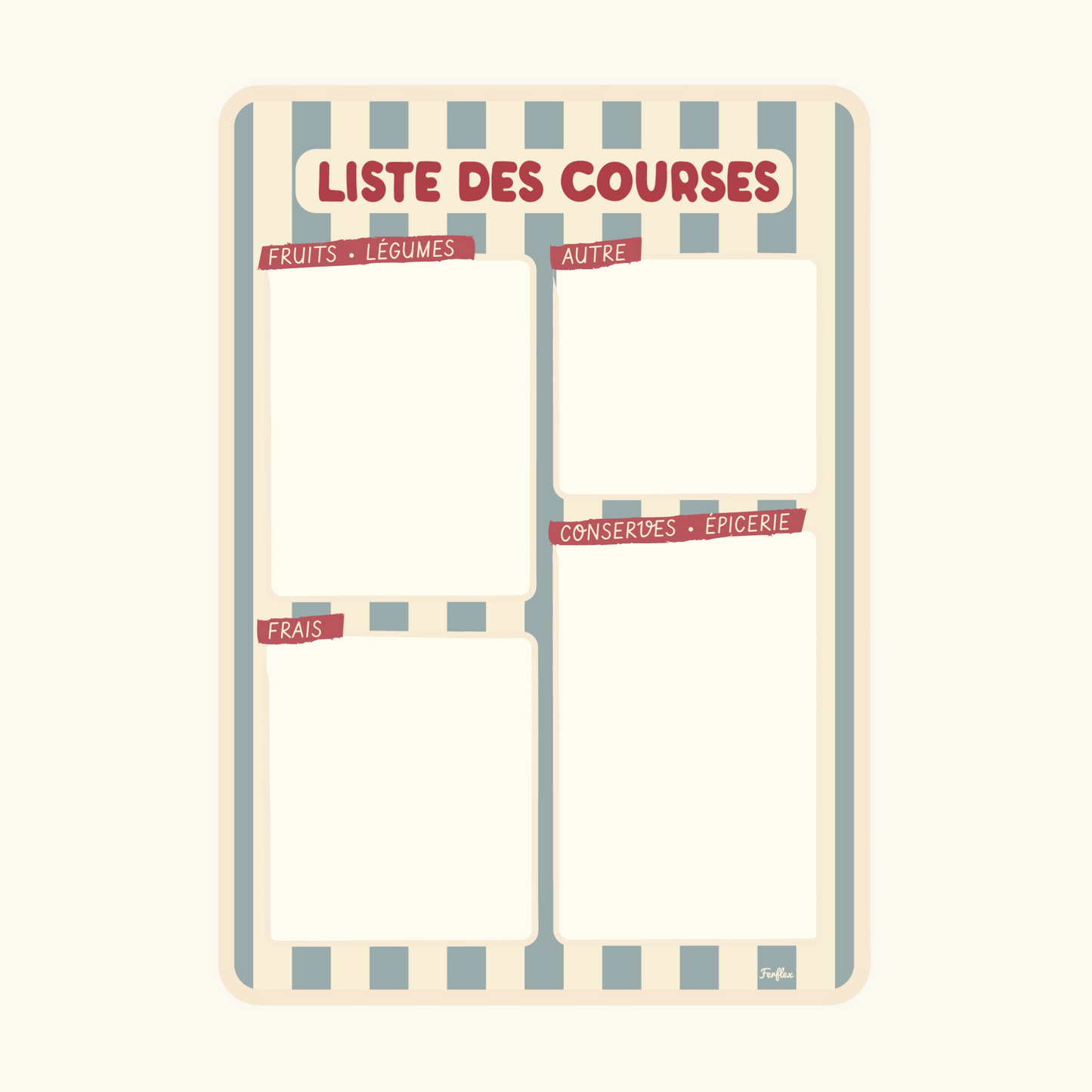 Ardoise liste de courses magnétique Rayure bleu et beige, ardoise effaçable idéale pour organiser ses courses.