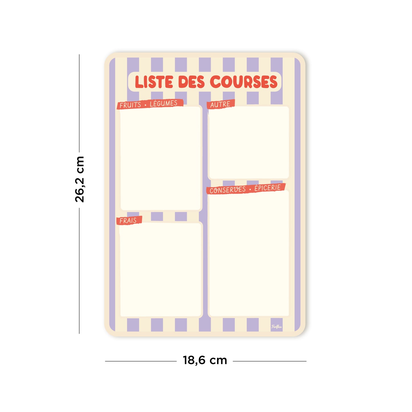 Ardoise liste de courses magnétique rayure parme et beige, pense-bête cuisine pratique et déco, dimensions 26,2 x 18,6 cm.