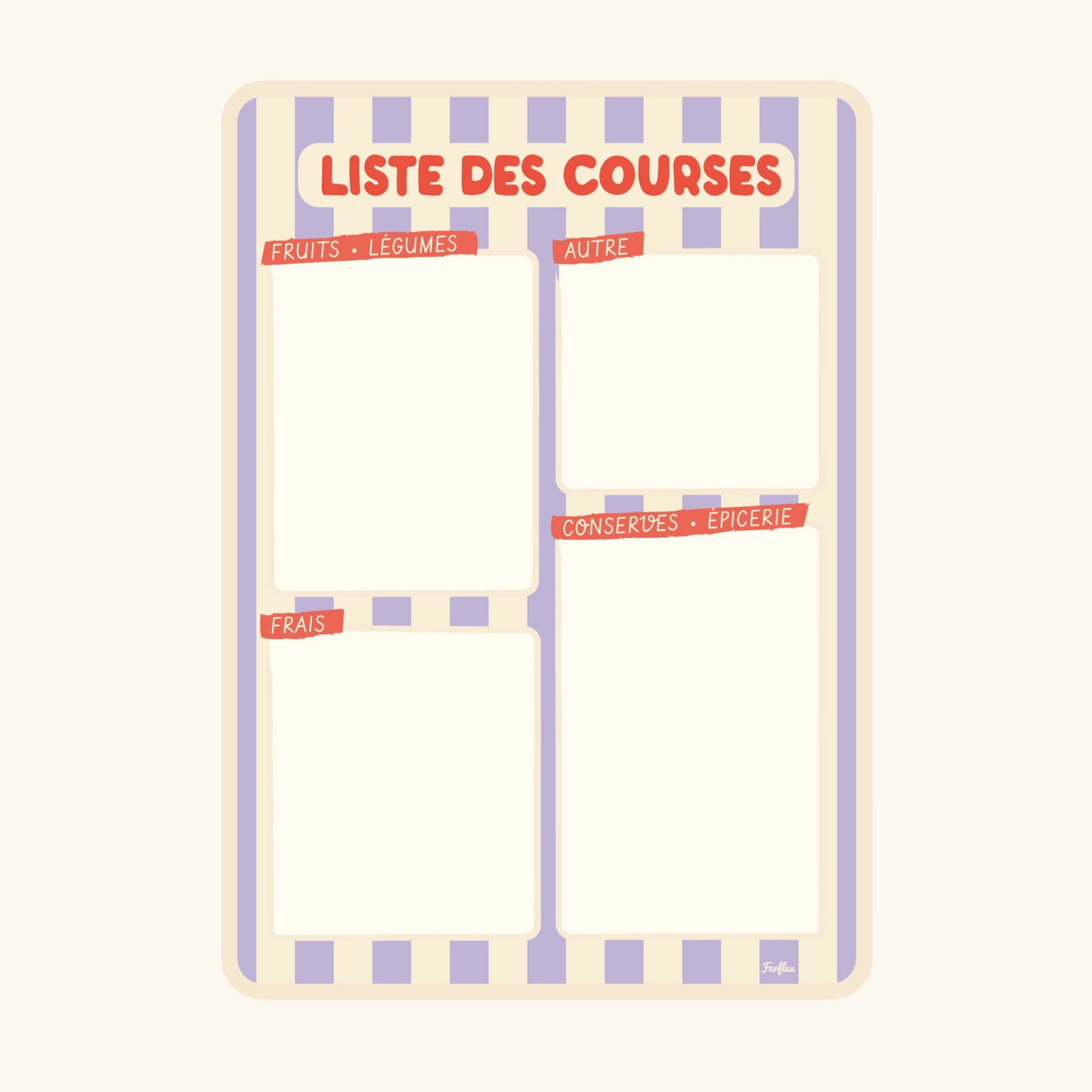 Ardoise liste de courses magnétique rayure parme et beige, pense-bête cuisine aimanté, effaçable et réutilisable.