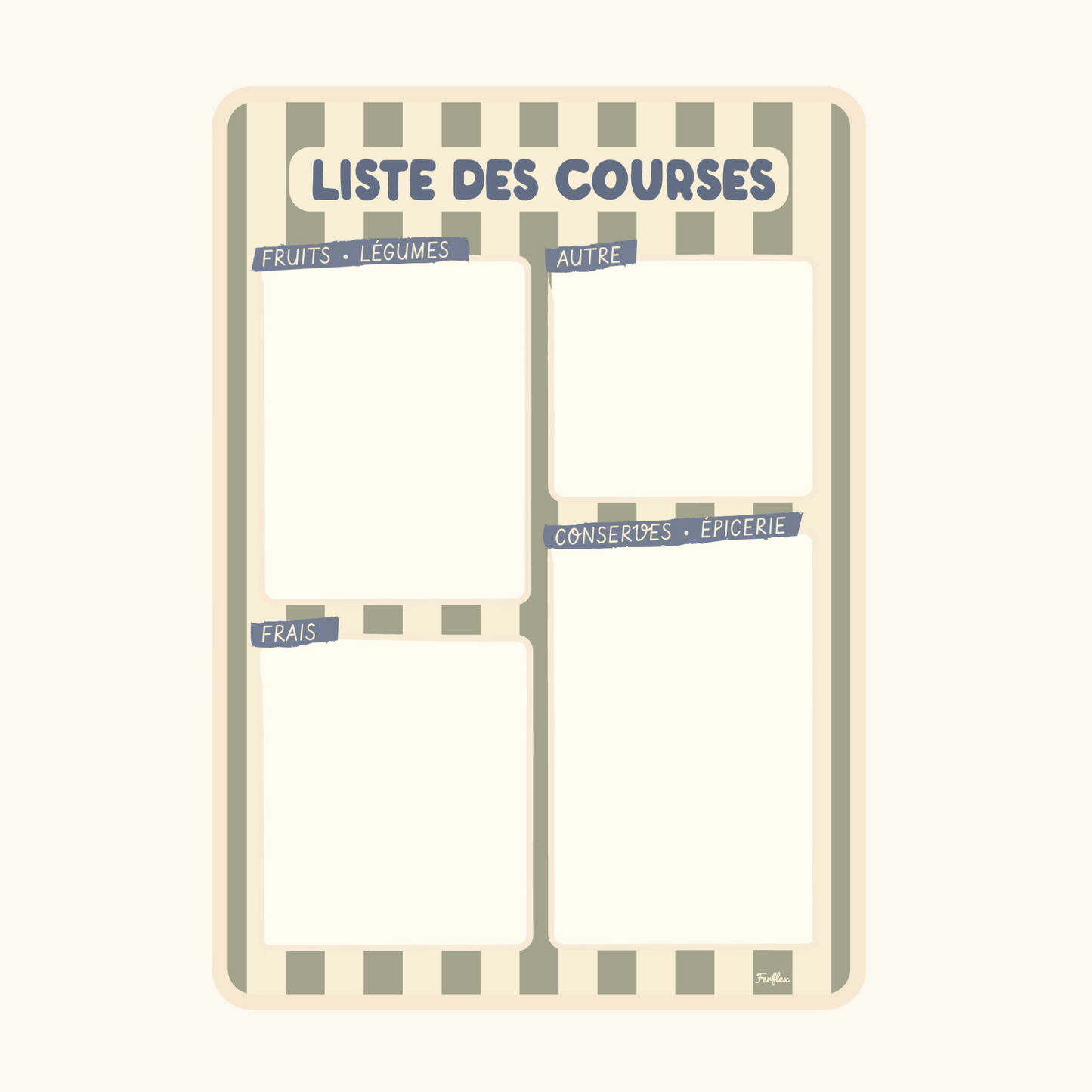 Ardoise liste de courses magnétique rayure vert et beige, mémo effaçable réutilisable pour frigo ou papier peint magnétique