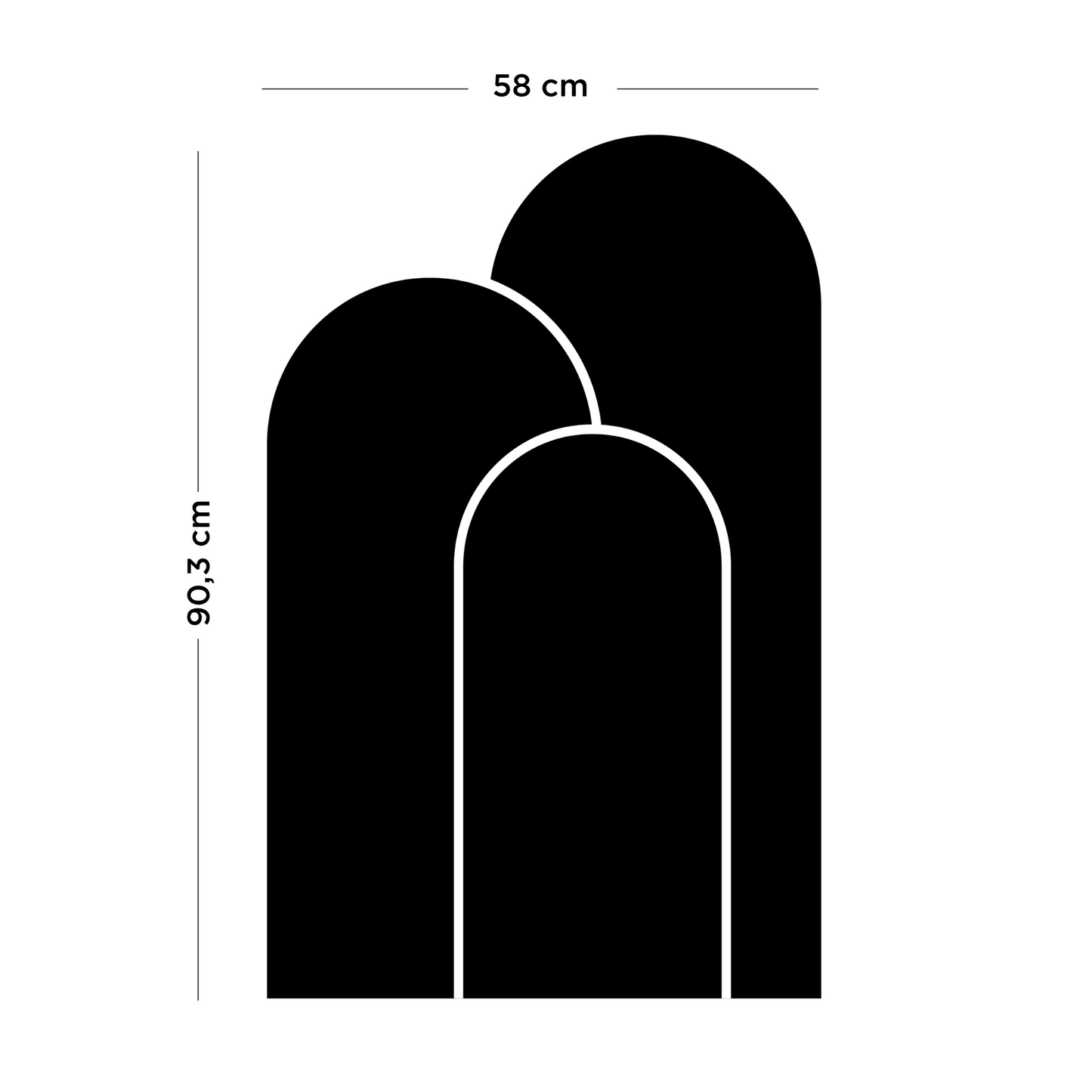 Schéma technique du tableau magnétique Trio d’Arches Ferflex avec dimensions 90,3 cm par 58 cm, format mural