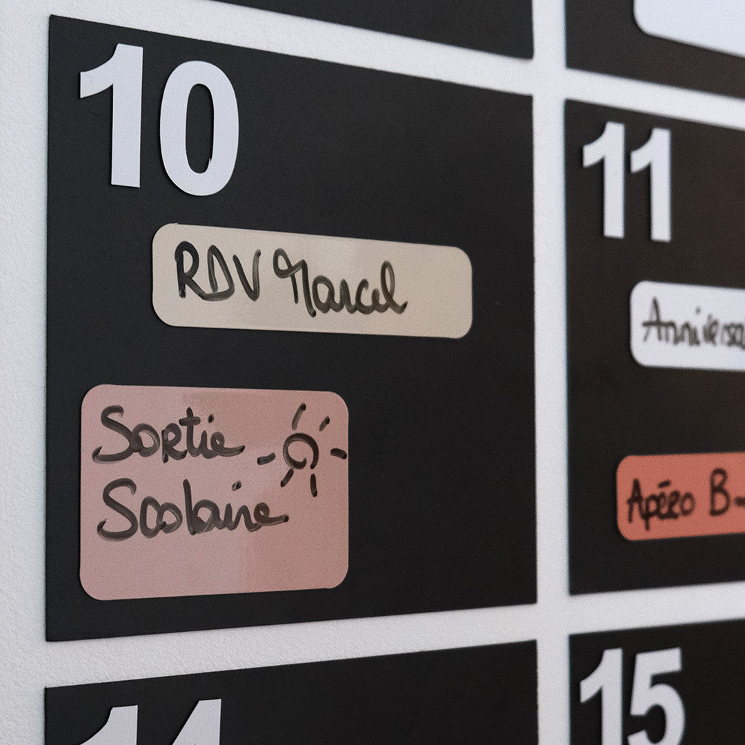 Rendez-vous notés sur des aimants effaçables collés sur le calendrier mensuel
