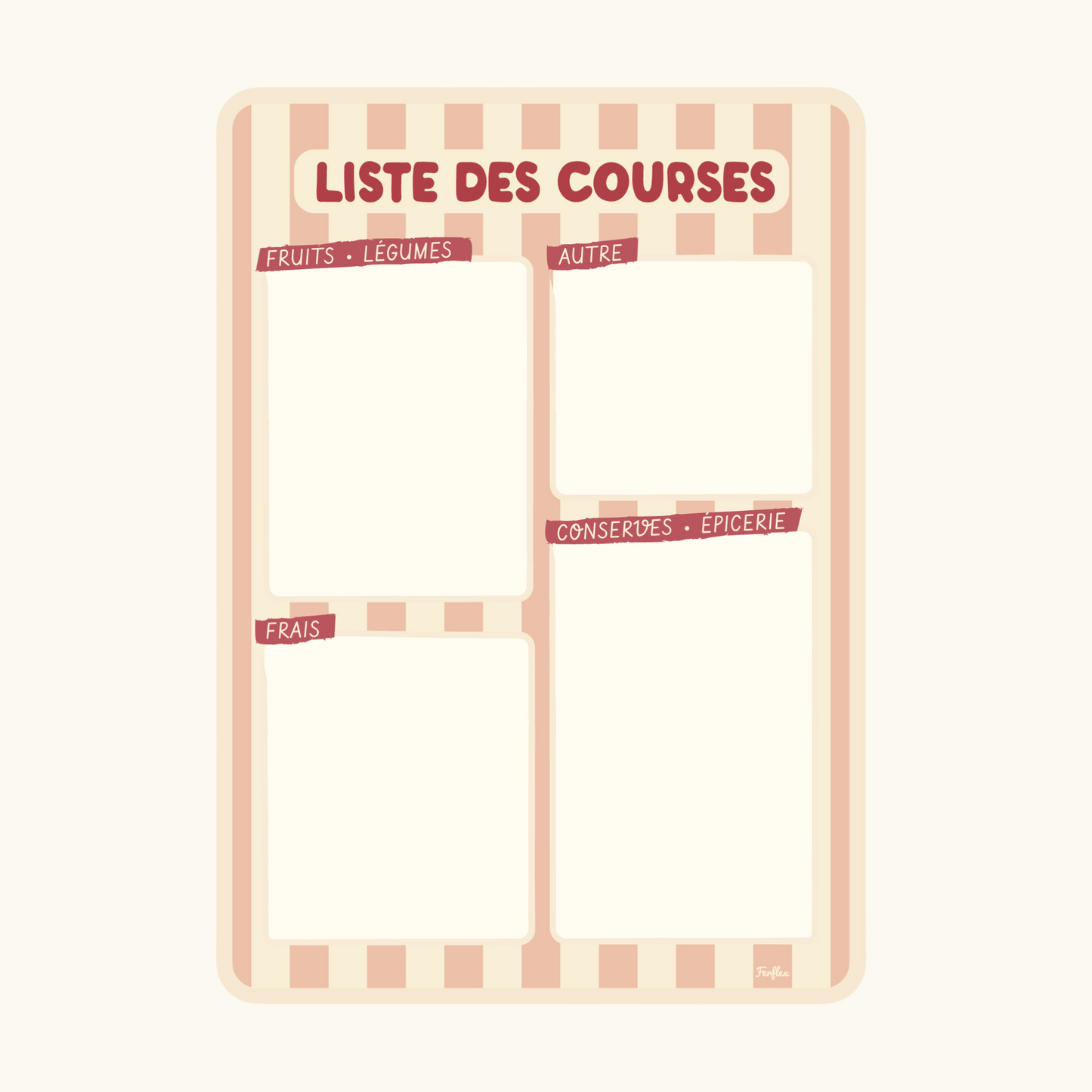Ardoise liste de courses magnétique rayure rose et beige, pratique et effaçable à sec pour frigo.