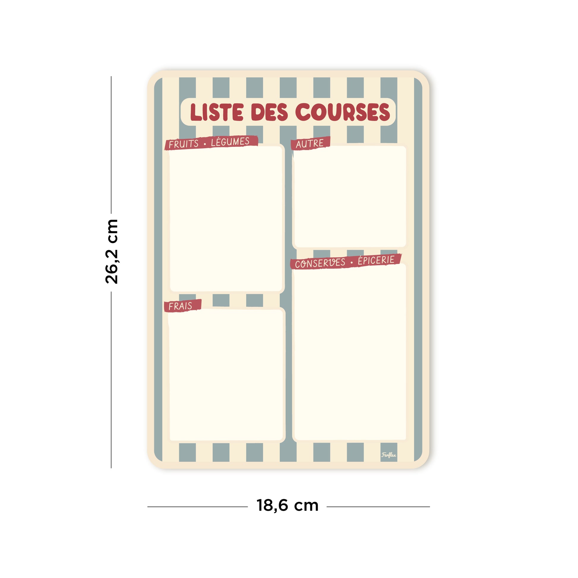 Ardoise liste de courses magnétique Rayure bleu et beige, bloc-notes aimanté réutilisable, format 26,2 x 18,6 cm.