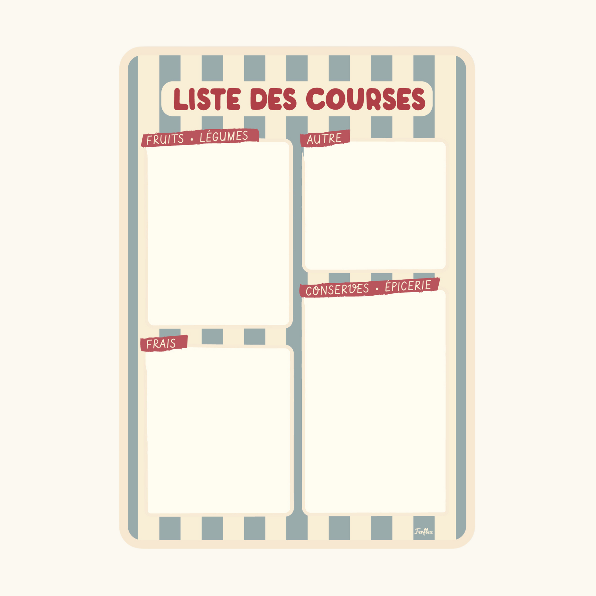 Ardoise liste de courses magnétique Rayure bleu et beige, ardoise effaçable idéale pour organiser ses courses.