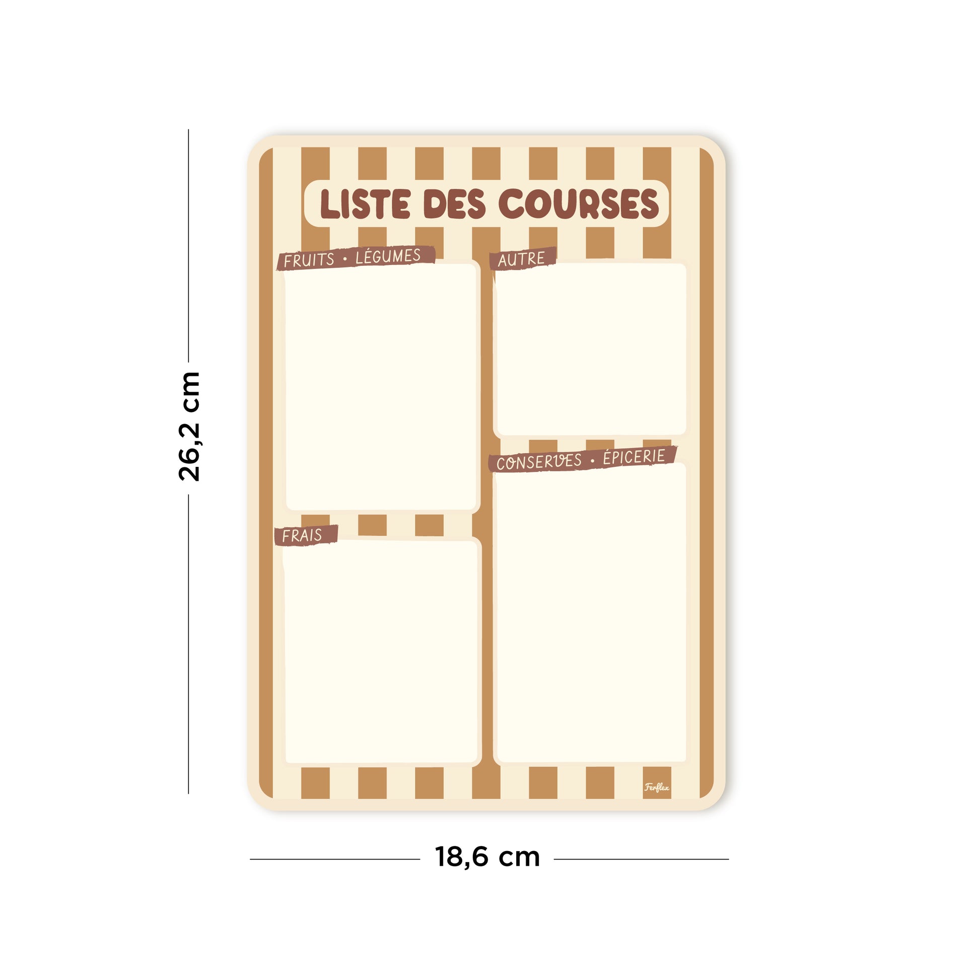 Ardoise liste de courses magnétique Rayure camel et beige, accessoire cuisine effaçable et réutilisable, format 26,2 x 18,6 cm
