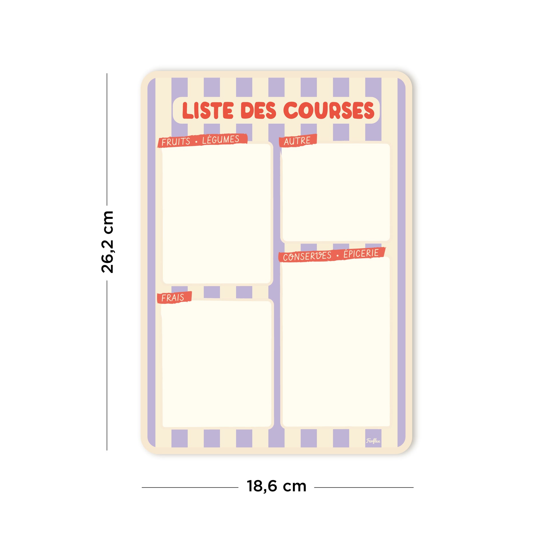 Ardoise liste de courses magnétique rayure parme et beige, pense-bête cuisine pratique et déco, dimensions 26,2 x 18,6 cm.