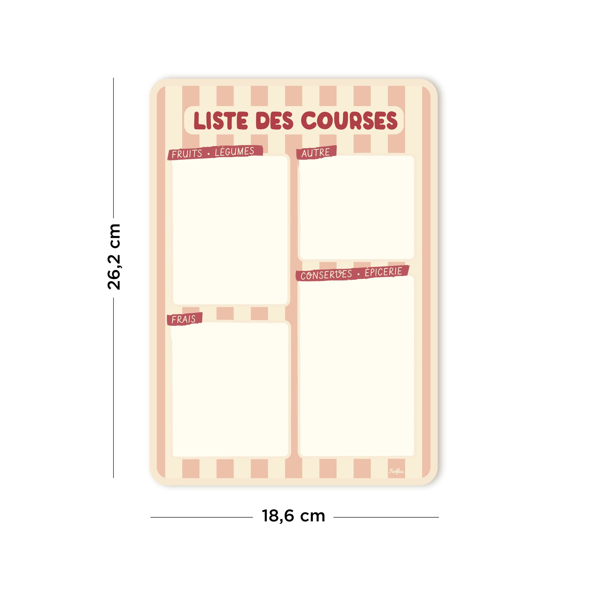 Ardoise liste de courses magnétique rayure rose et beige, effaçable à sec, dimensions 26,2 x 18,6 cm pour frigo