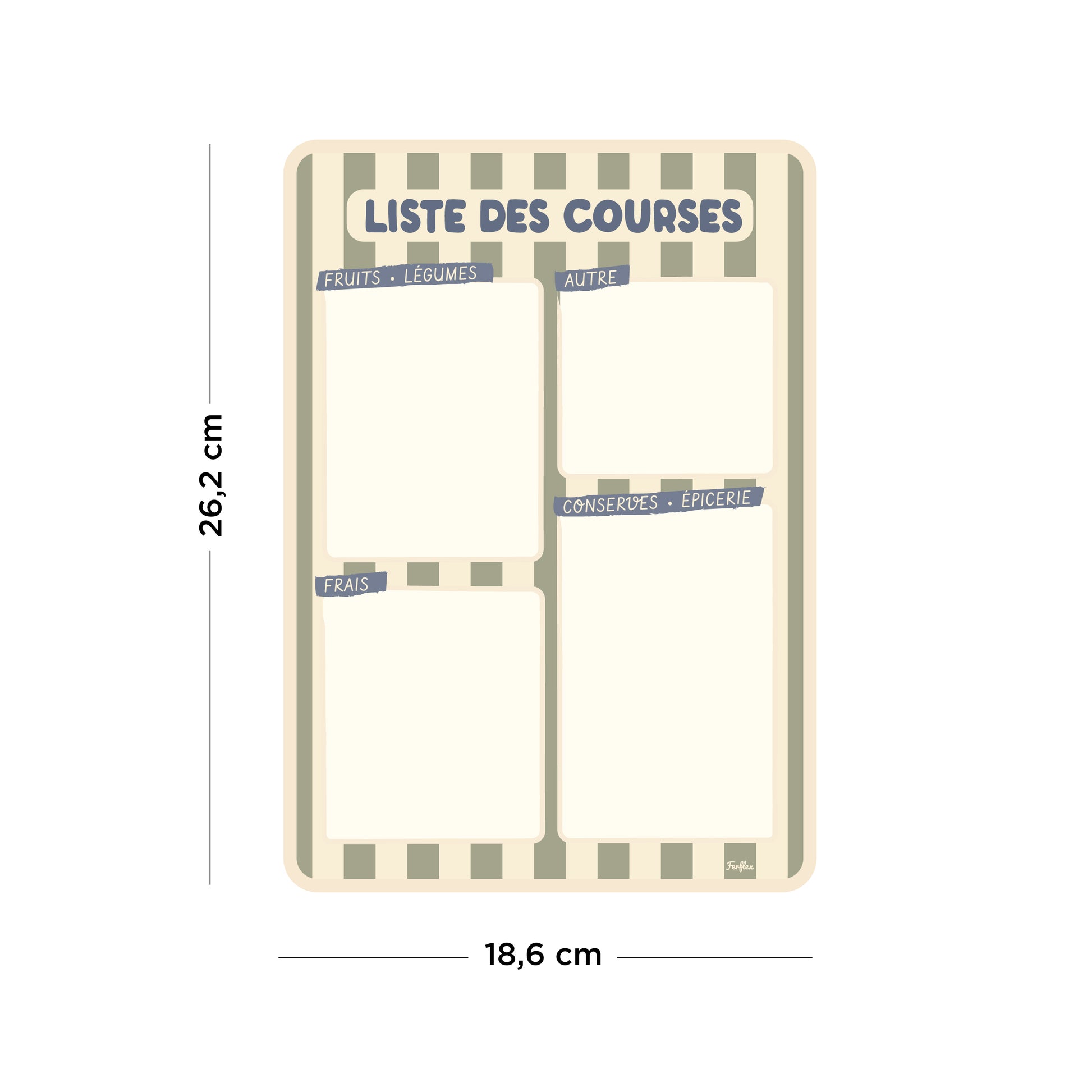 Ardoise liste de courses magnétique Rayure vert et beige, ardoise effaçable à sec pour frigo, taille 26,2 x 18,6 cm