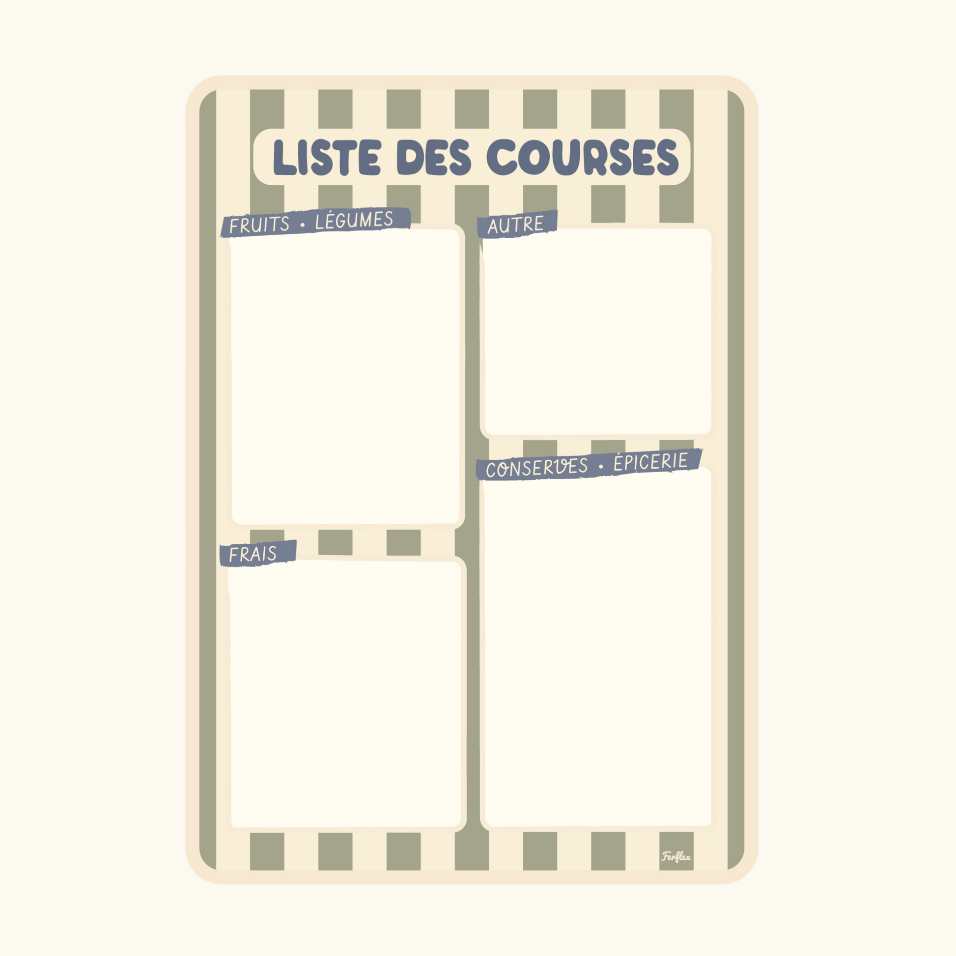 Ardoise liste de courses magnétique rayure vert et beige, mémo effaçable réutilisable pour frigo ou papier peint magnétique