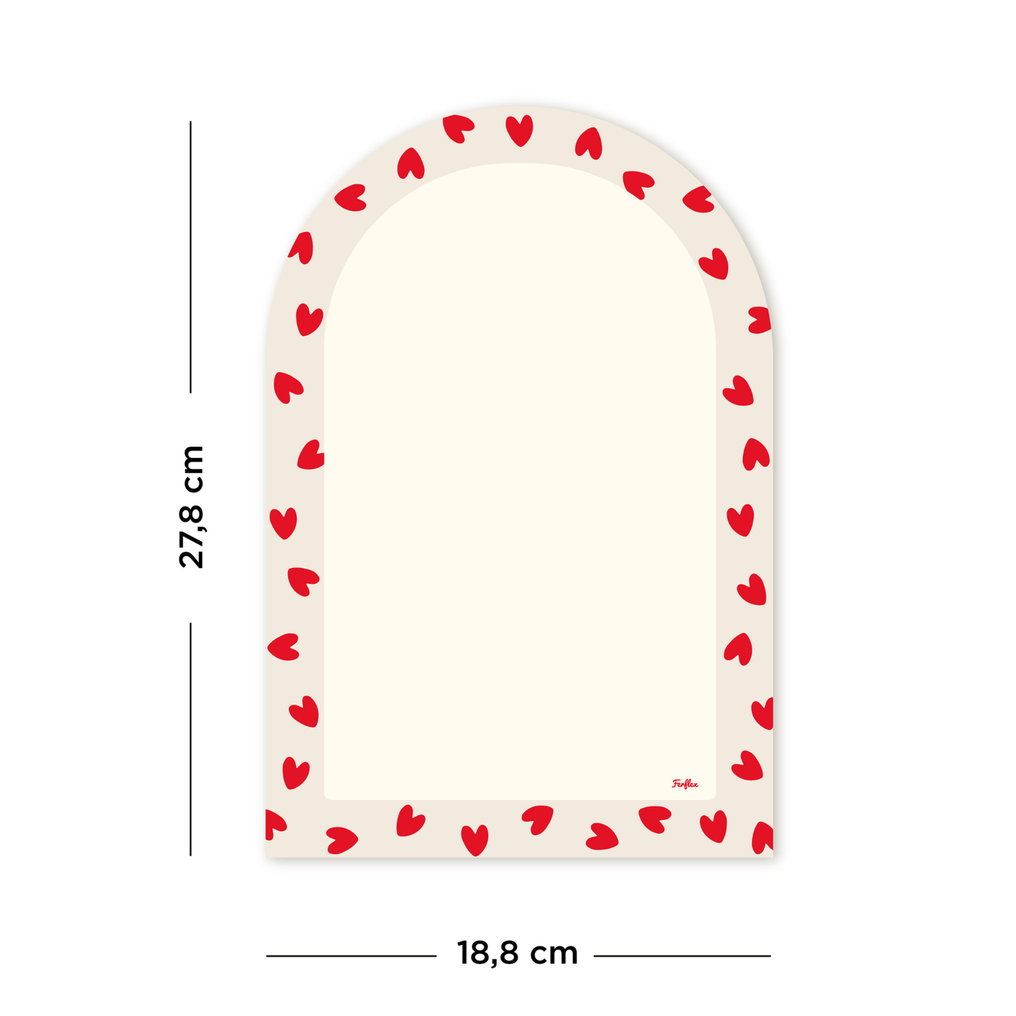 Dimensions de l'ardoise magnétique arche coeurs rouges : 27,8 cm de hauteur par 18,8 cm de largeur pour frigo ou tableau magnétique