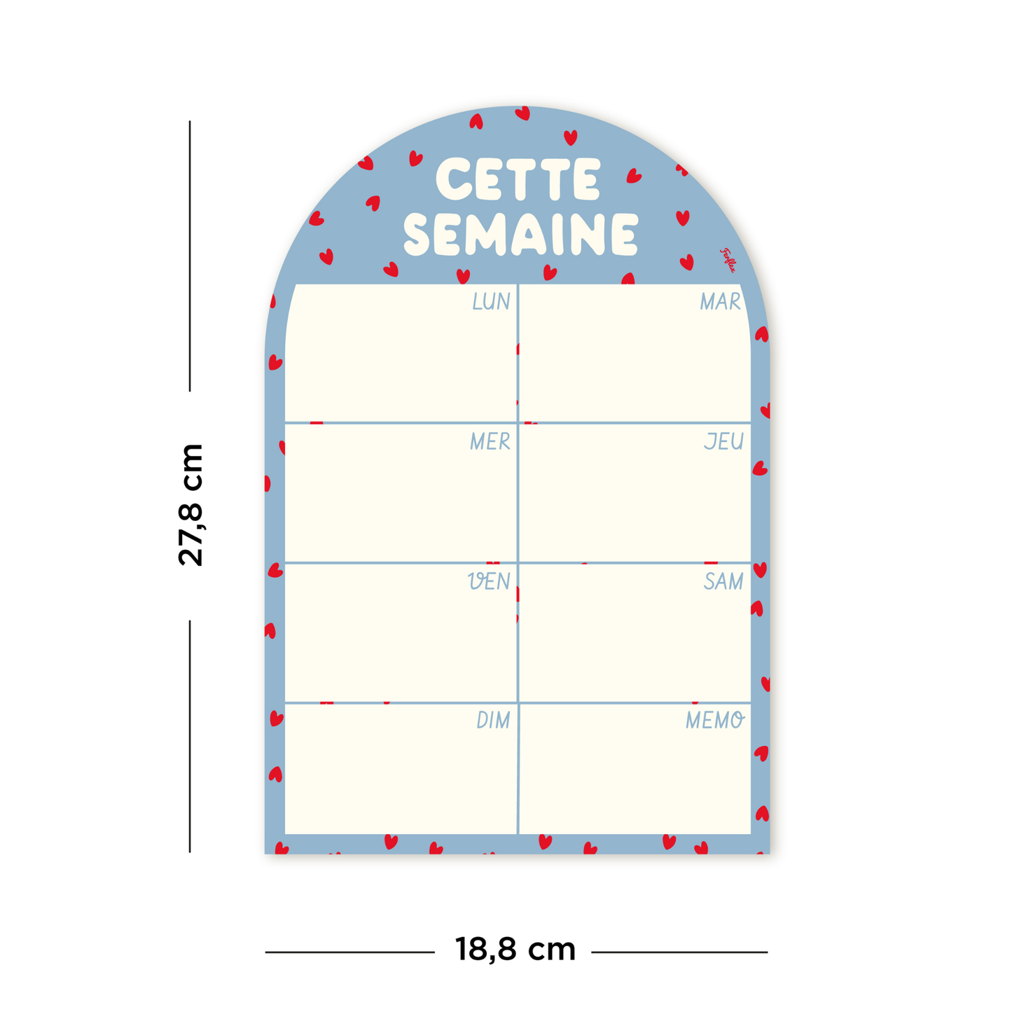 Dimensions de l'ardoise magnétique Cette Semaine fond bleu, petit coeur rouge, 8 cases