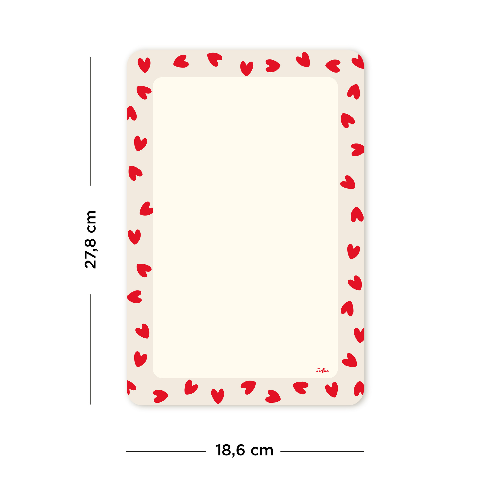 Dimensions de l'ardoise magnétique rectangle coeurs rouges : 27,8cm de hauteur par 18,6 cm de largeur, fabriqué en France