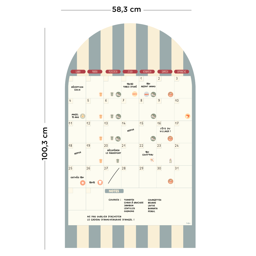 Dimensions tableau magnétique arche calendrier mensuel rayé