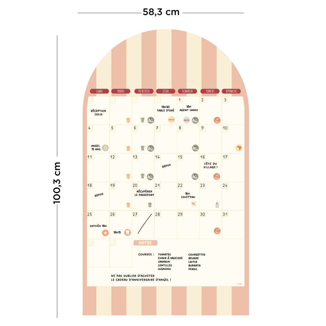 Dimensions calendrier magnétique mensuel et magnets illustrés du quotidien