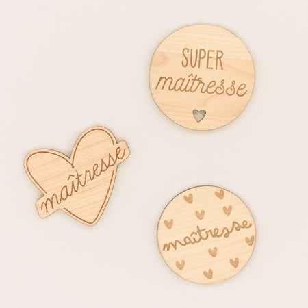 Magnets en bois gravés pour maîtresse, idée cadeau, fabrication française