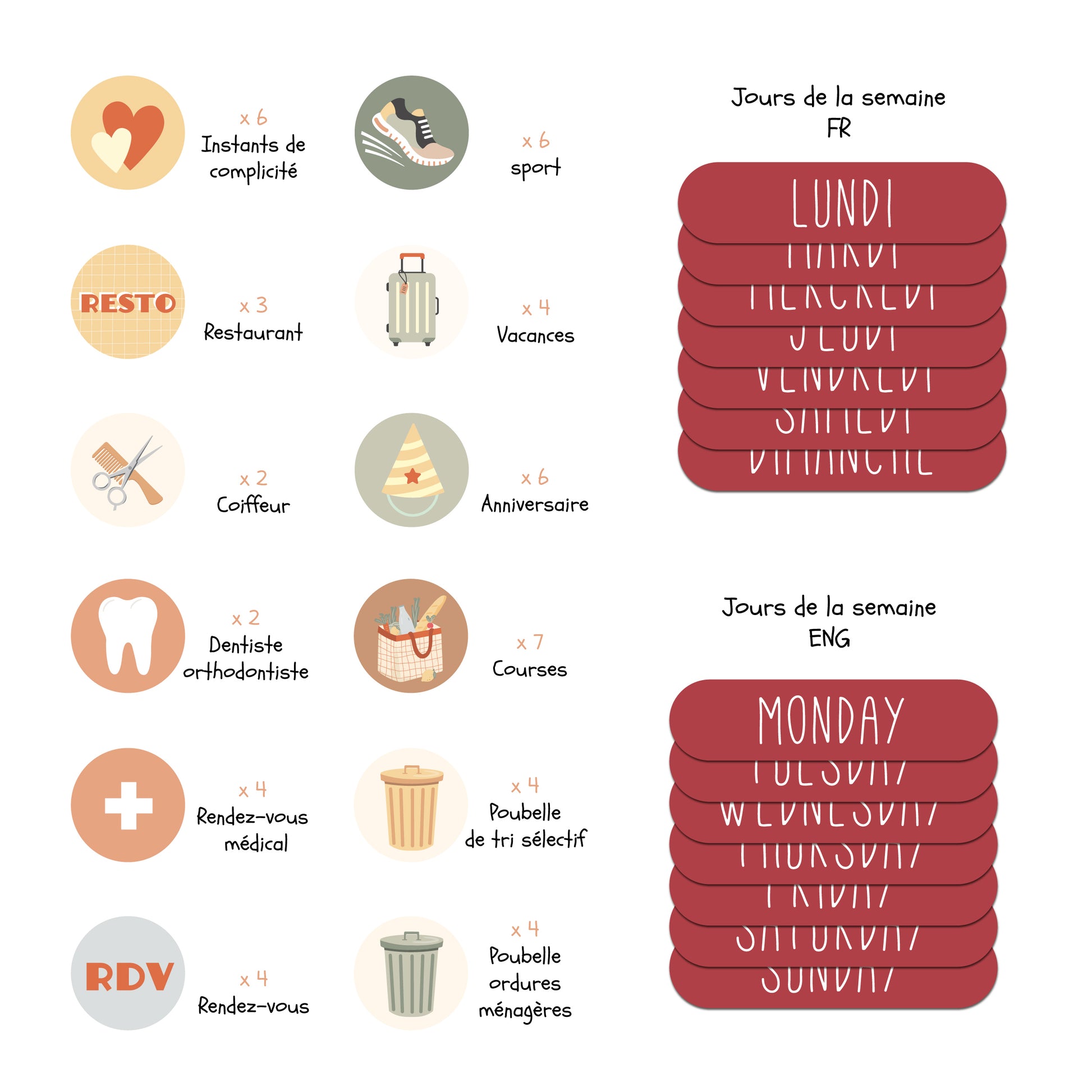 Magnets illustrés pour calendrier mensuel perpétuel