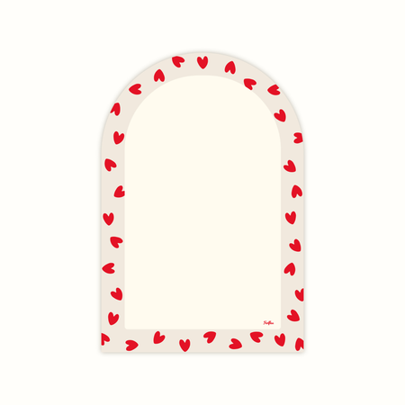 Ardoise magnétique effaçable à sec en forme d'arche, bordure petits coeurs rouges sur fond beige, marque Ferflex