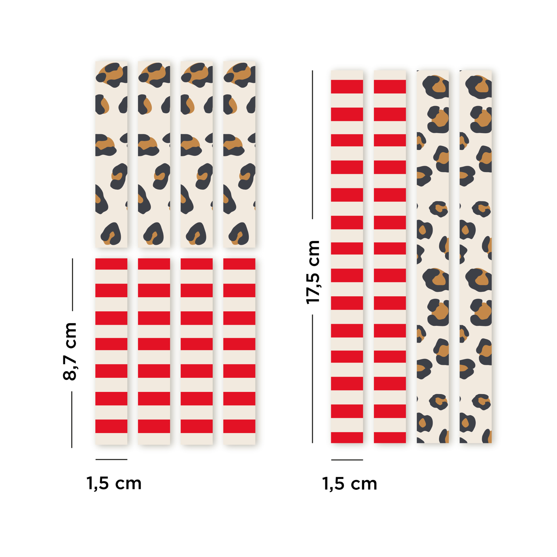 Dimensions lot 12 bandes masking tape magnétique léopard et marinière Ferflex® - 8 bandes courtes 8,7 cm et 4 bandes longues 17,5 cm