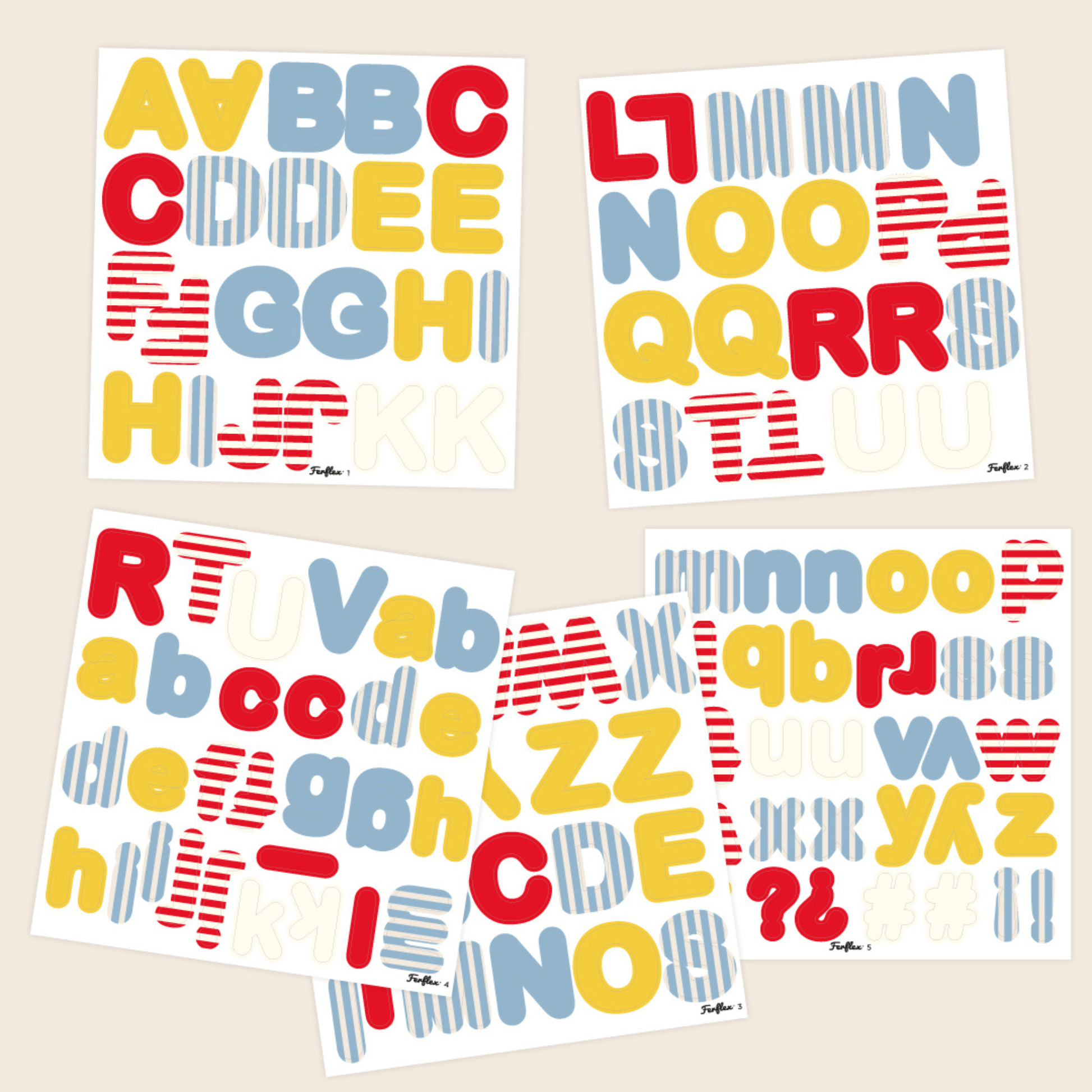 Lettres magnétiques primaires, 5 planches à détacher, alphabet complet majuscules et minuscules, bleu jaune et rouge