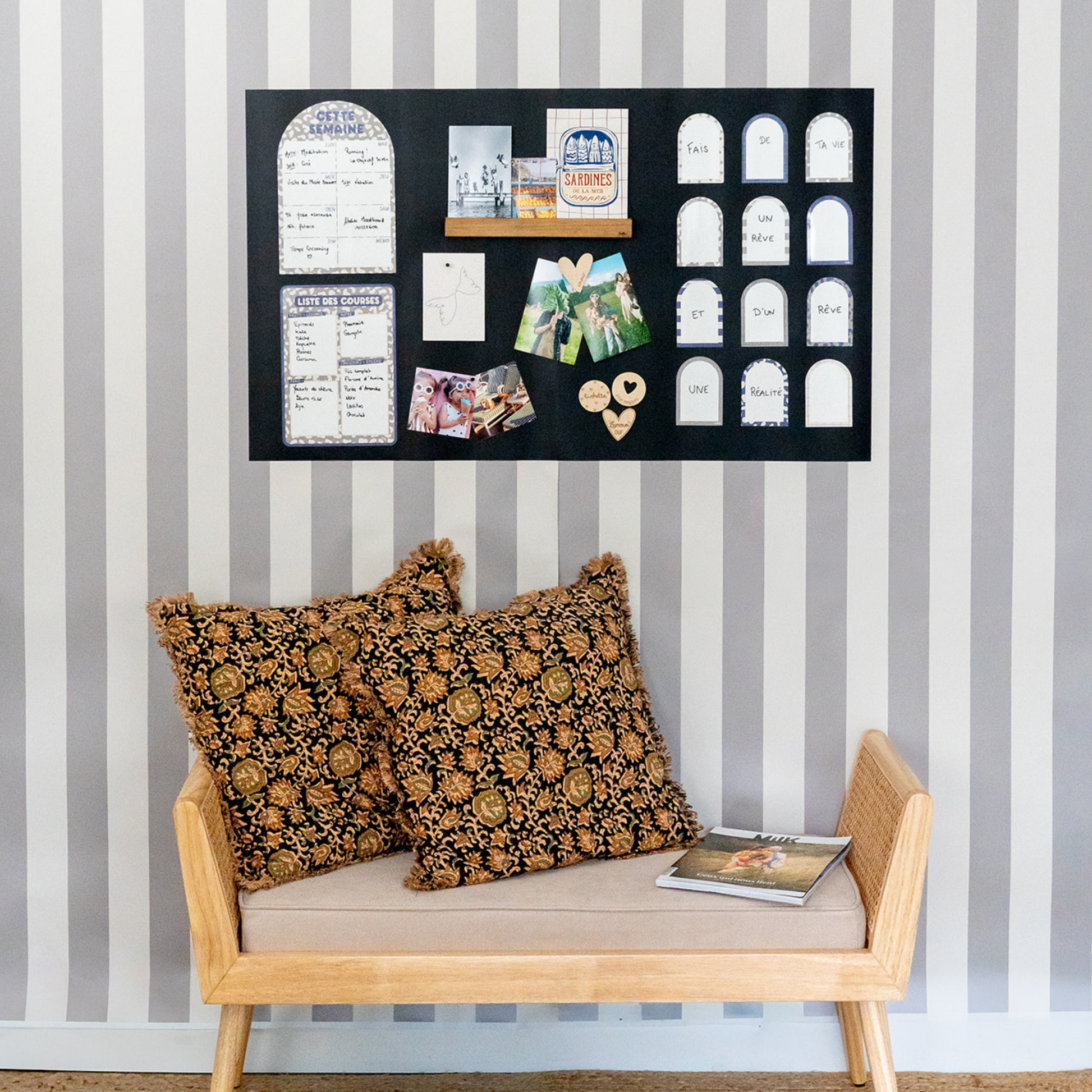 Papier peint magnétique déco murale avec pense-bêtes et ardoises